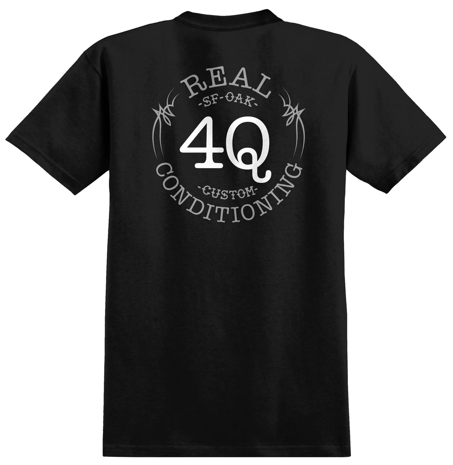 Black t-shirt with white text and logo on a white background