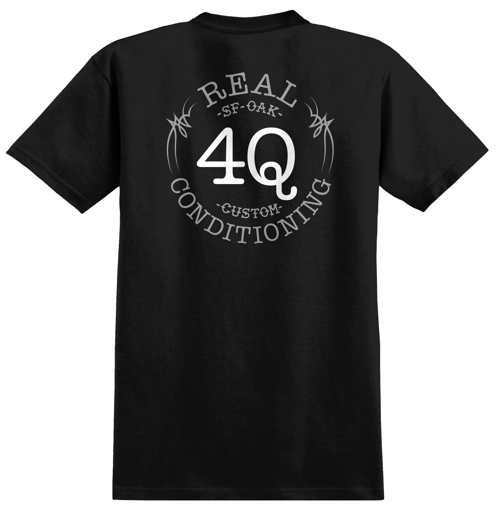 Black t-shirt with white text and logo on a white background