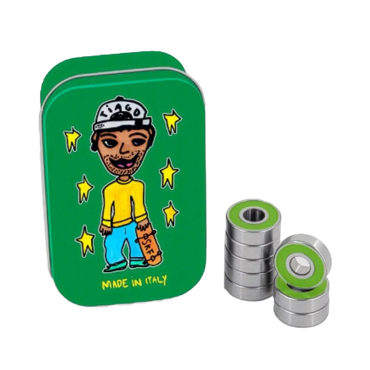Green tin box with a cartoon character and bearings on a white background