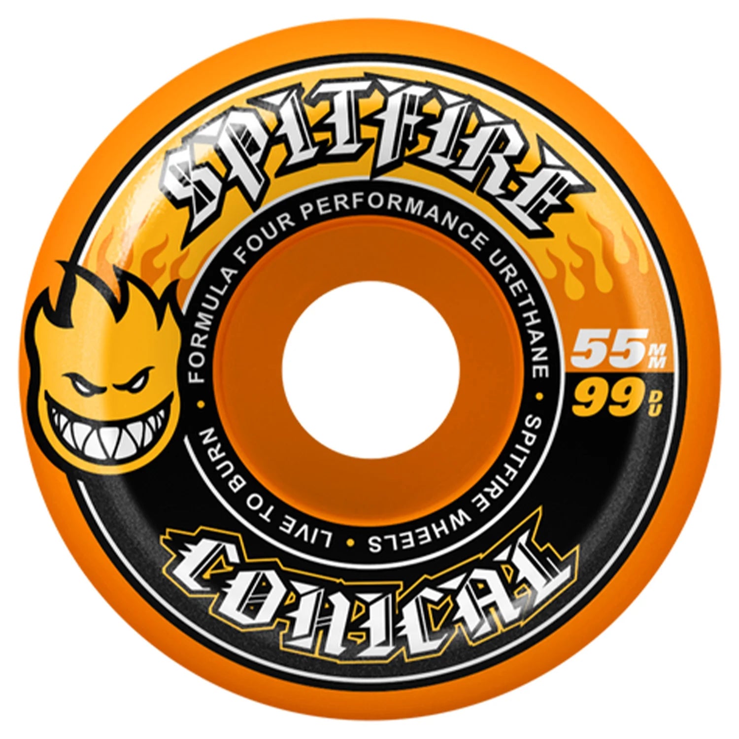 A single Spitfire Conical skateboard wheel in orange and black, featuring the iconic yellow flame logo and white and black text 