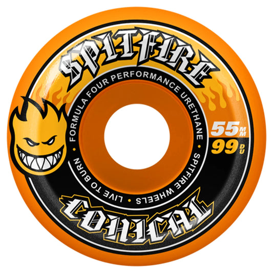 A single Spitfire Conical skateboard wheel in orange and black, featuring the iconic yellow flame logo and white and black text 