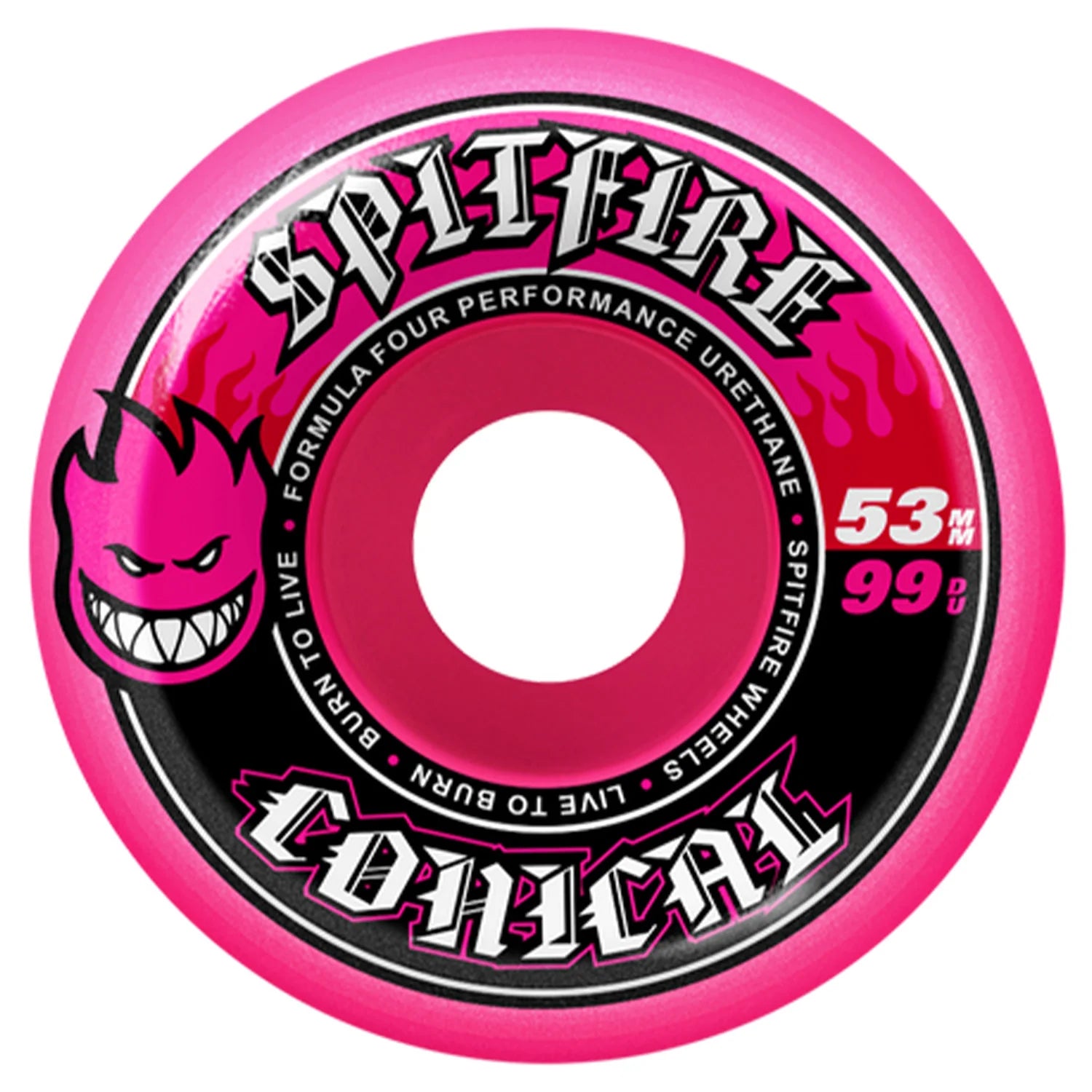 A single Spitfire Conical skateboard wheel in bright pink with a black center band, featuring the Spitfire logo, flame graphics, and text including '53mm 99D' 