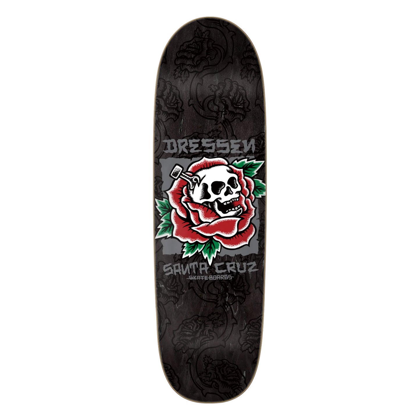 Skateboard deck with skull and rose design on a black background