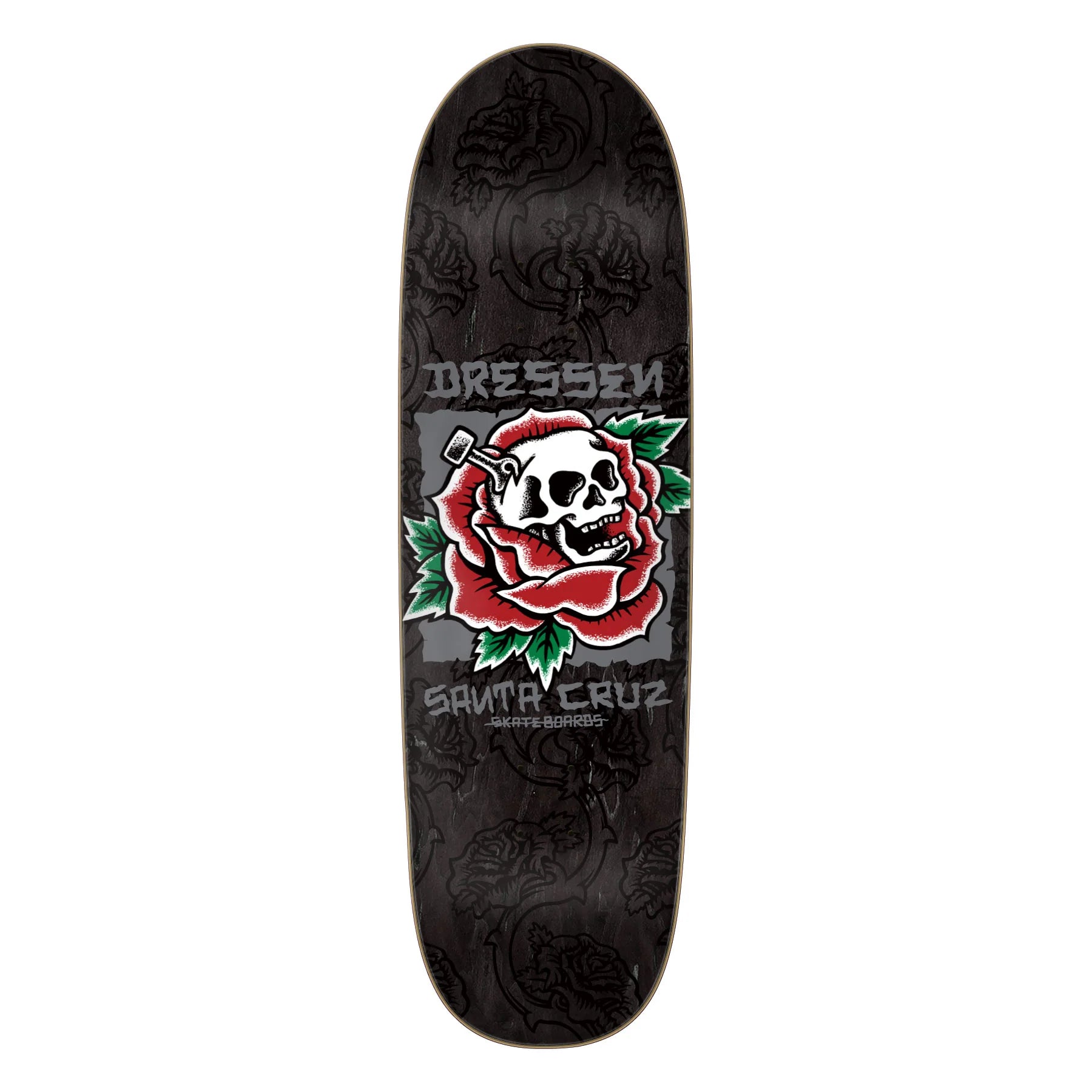 Skateboard deck with skull and rose design on a black background