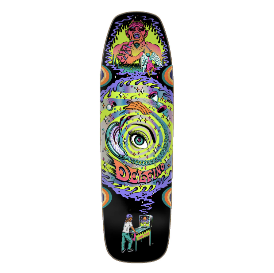 A skateboard deck featuring a highly detailed, colorful psychedelic graphic design with a swirling eye motif, rainbow accents, and cartoon illustrations on a black background.