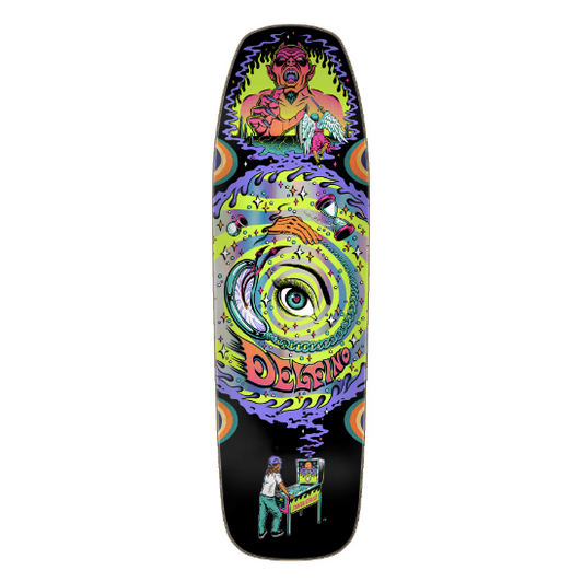 A skateboard deck featuring a highly detailed, colorful psychedelic graphic design with a swirling eye motif, rainbow accents, and cartoon illustrations on a black background.