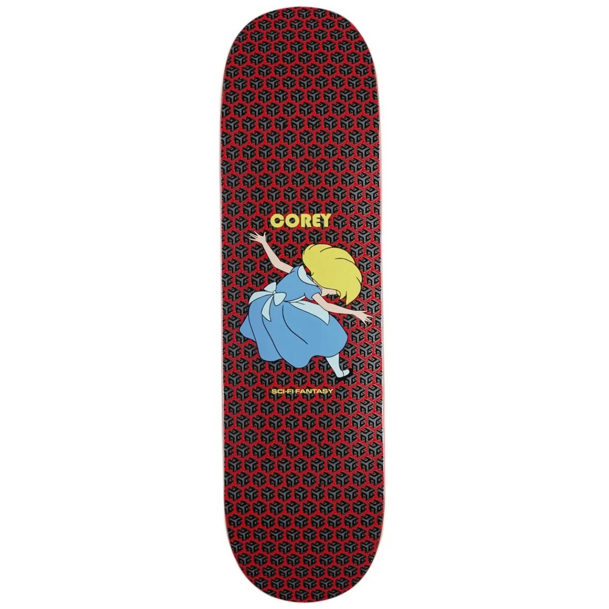 A skateboard deck featuring a red and black geometric pattern background with a central graphic of Alice in a blue dress and yellow hair, with the name 'COREY' printed above.
