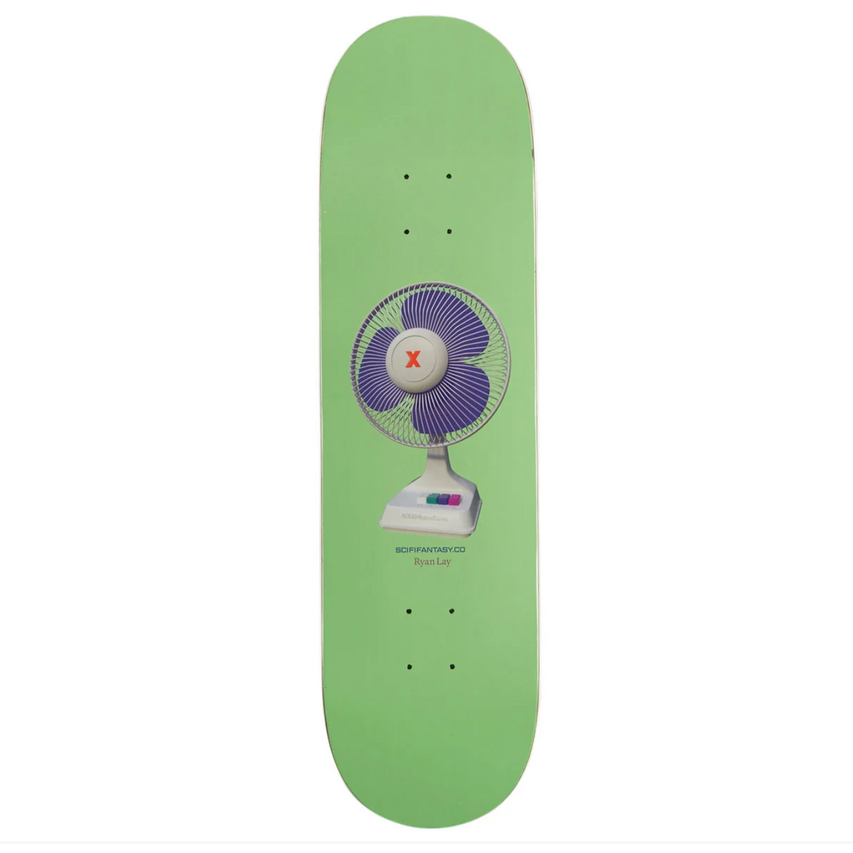A mint green skateboard deck featuring a graphic of a retro desk fan in the center, with the brand name 'SUPERJACK' printed below the fan.