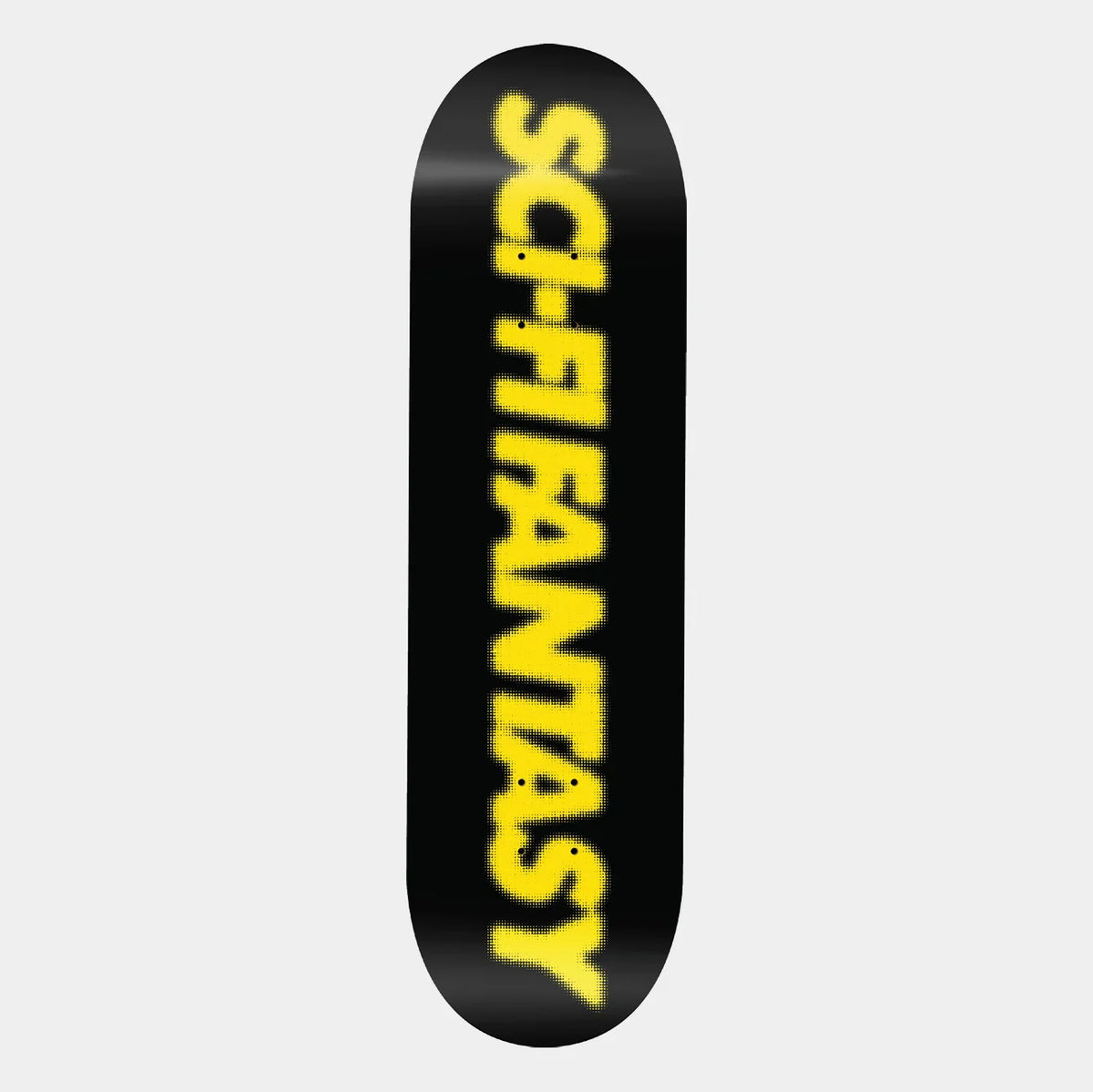 A skateboard deck with a black background and bold yellow vertical text reading 'SCIFANTASY' on a light gray studio background.