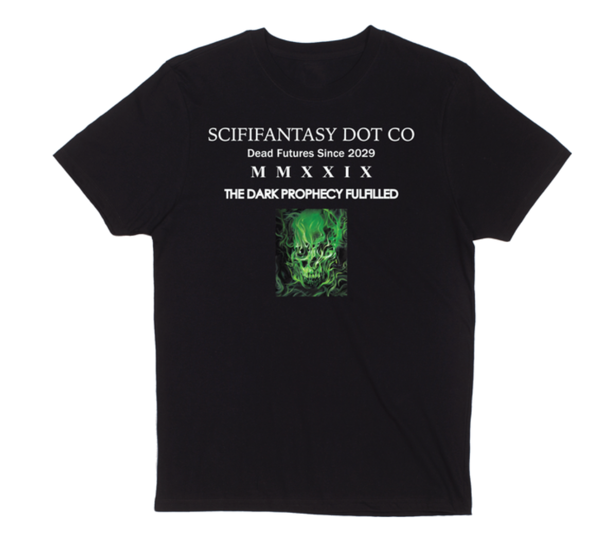 Black t-shirt with green graphic and text on a white background