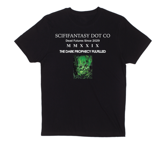 Black t-shirt with green graphic and text on a white background