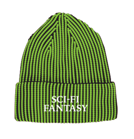 Green beanie with 'SCI-FI FANTASY' text on a white background