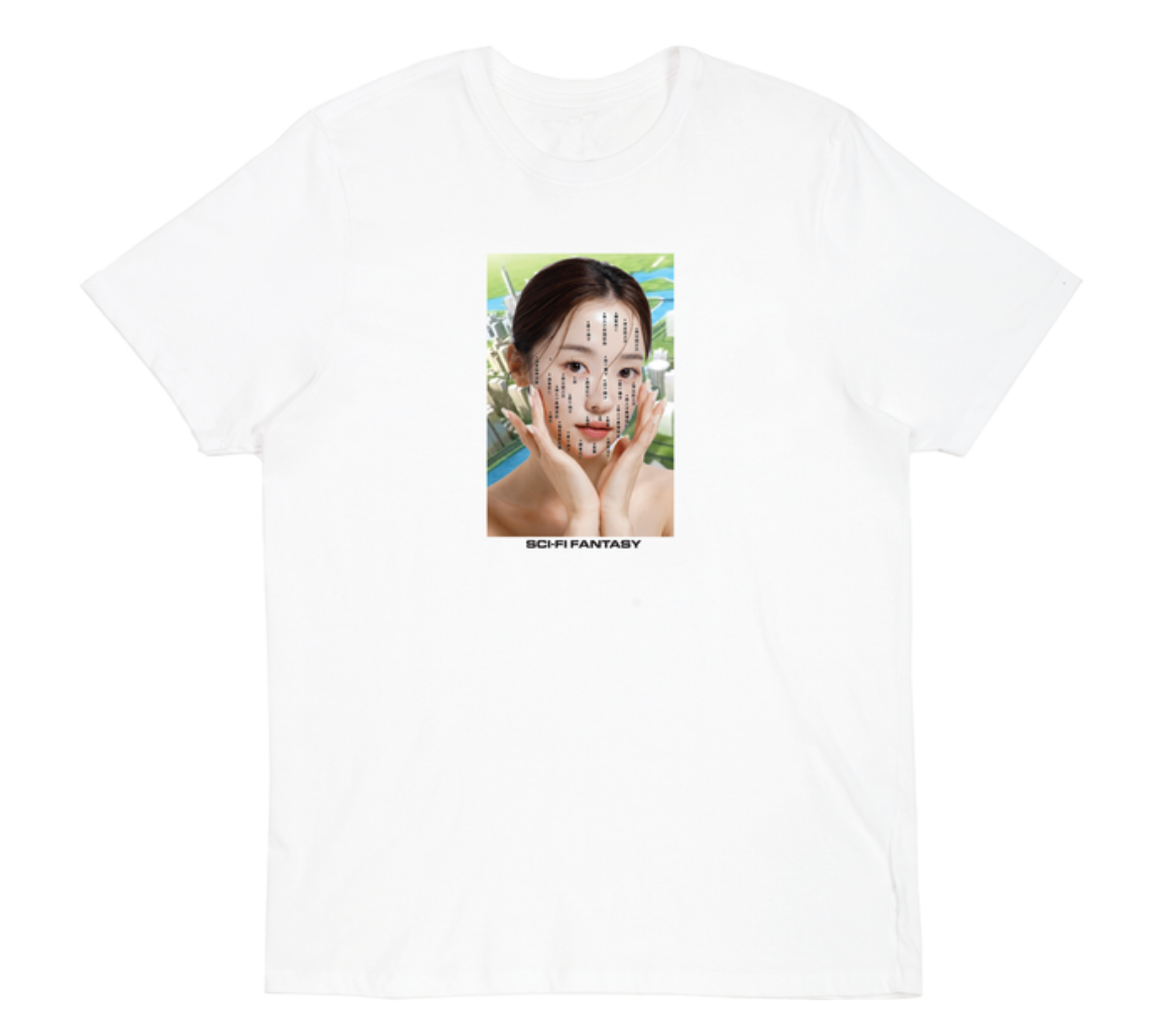 White t-shirt with a graphic of a woman's face and text on a white background