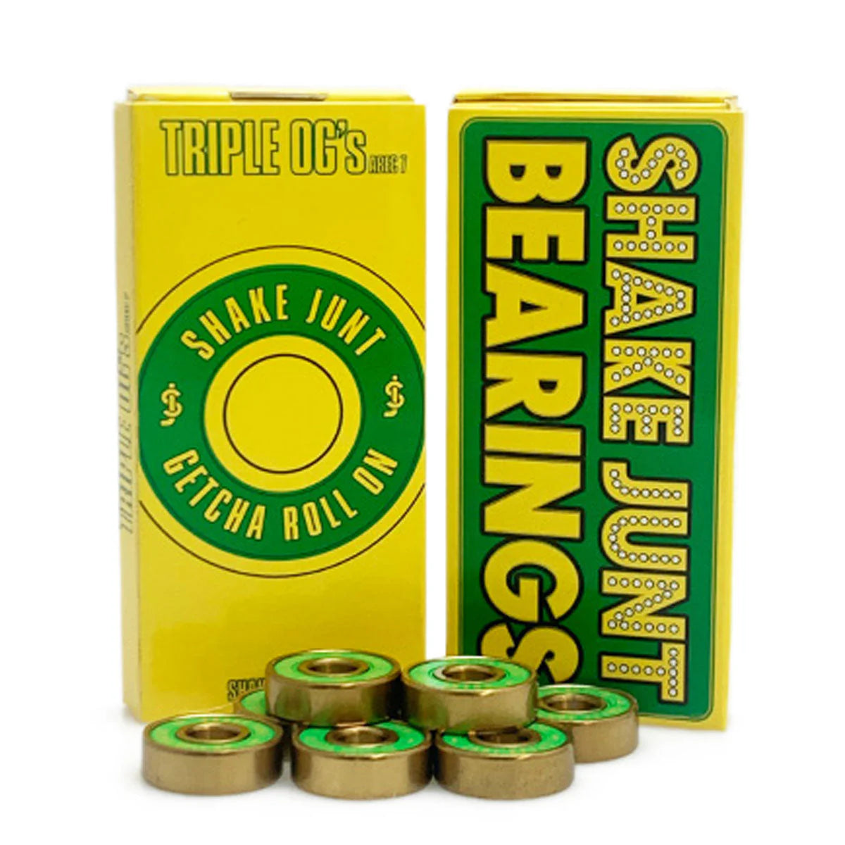 Shake Junt Triple OG's skateboard bearings in packaging on a white background