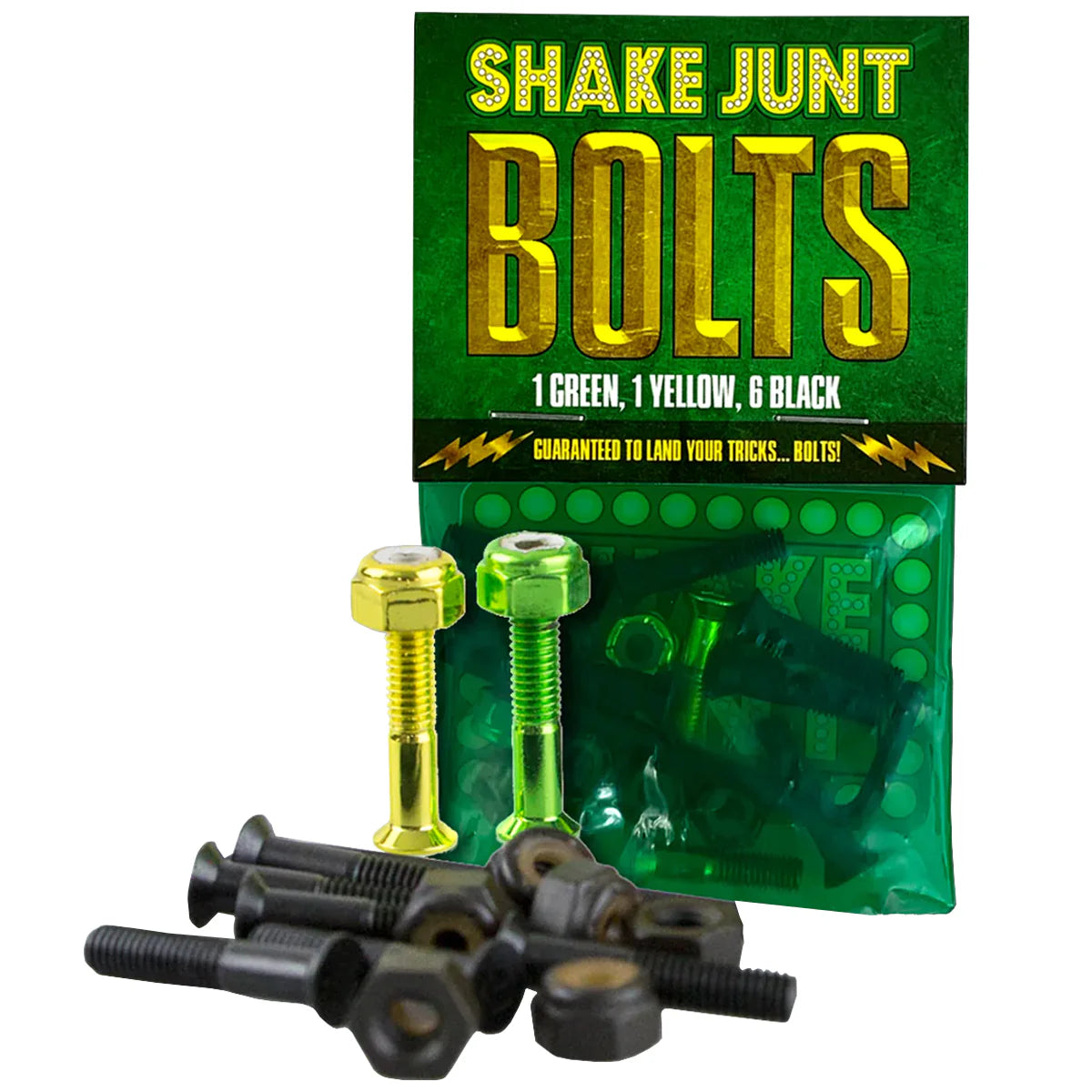 Set of skateboard bolts with a green and yellow 'Shake Junt' packaging on a white background
