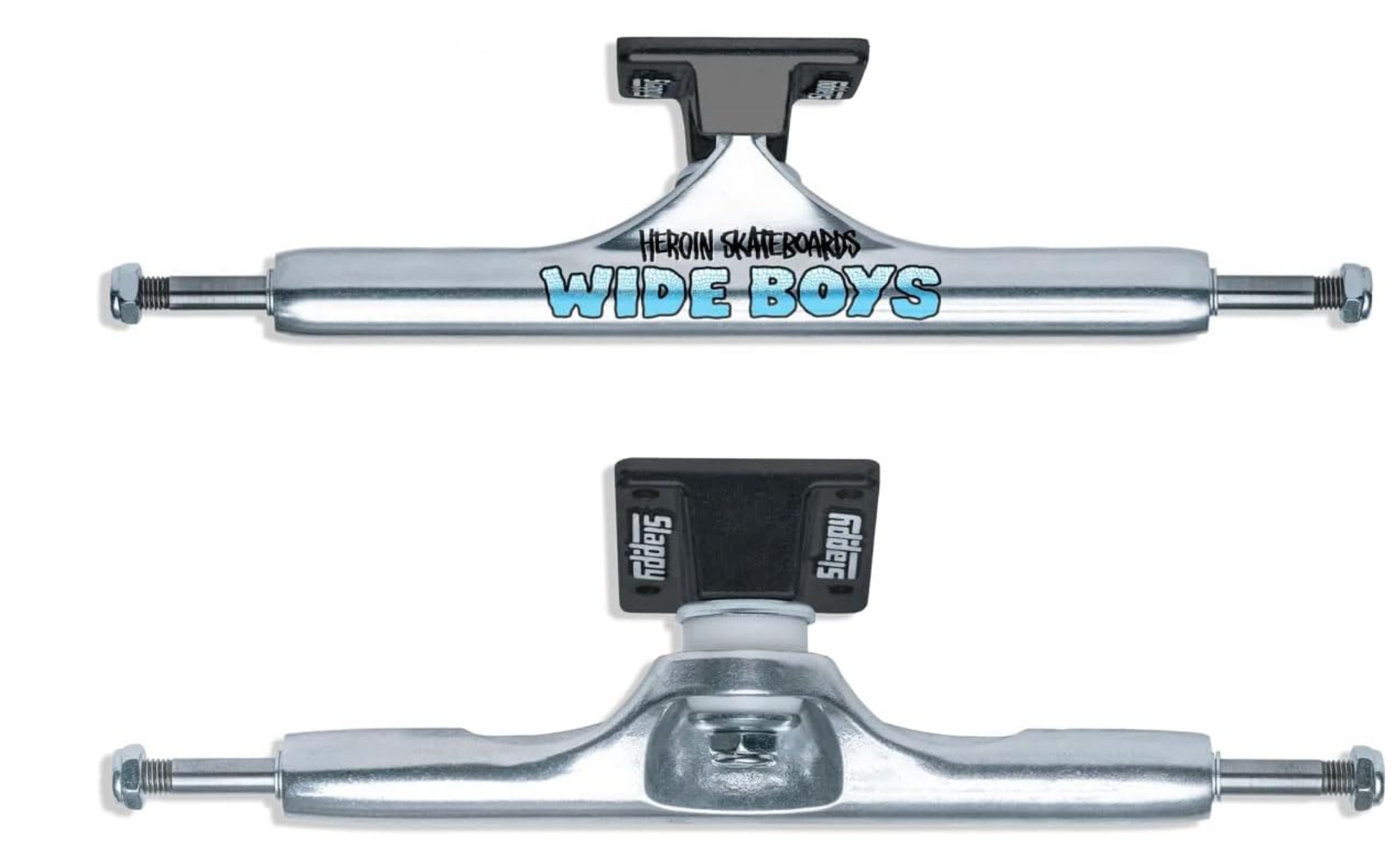 Skateboard truck assembly with 'Wide Boys' branding on a white background
