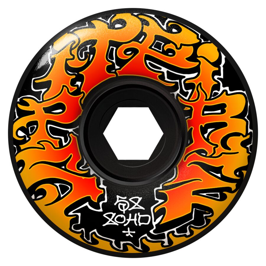 A single skateboard wheel with a black center and a vibrant orange, yellow, and red flame graphic pattern outlined in white