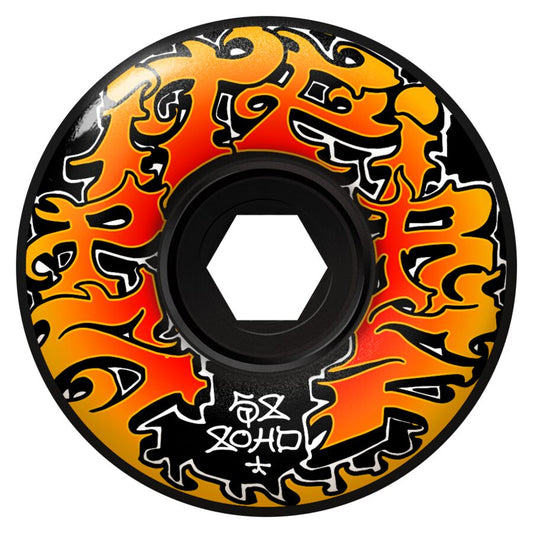 A single skateboard wheel with a black center and a vibrant orange, yellow, and red flame graphic pattern outlined in white