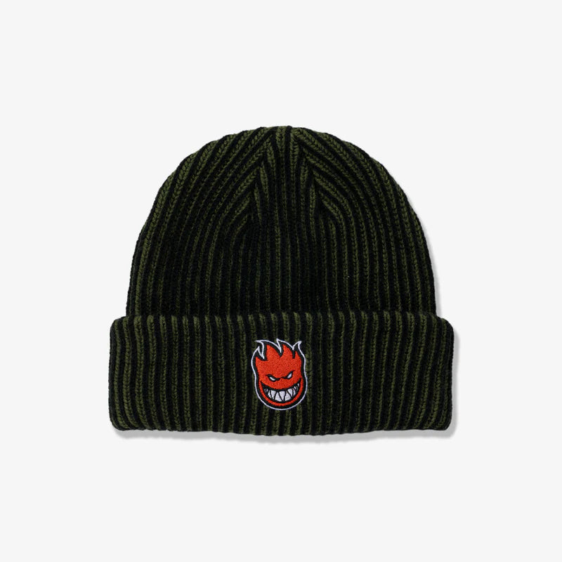 A dark olive green ribbed knit beanie hat featuring the embroidered red and orange Santa Cruz flame logo on the front cuff.