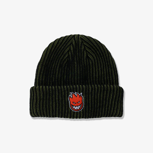 A dark olive green ribbed knit beanie hat featuring the embroidered red and orange Santa Cruz flame logo on the front cuff.