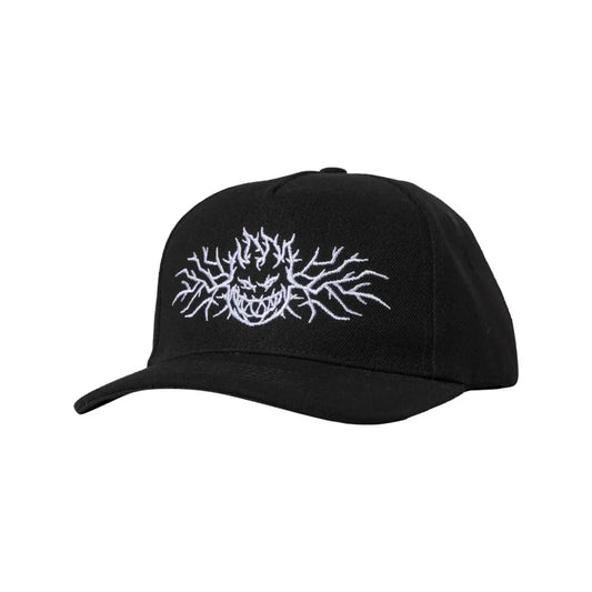 Black cap with white embroidered spitfire logo and thorns