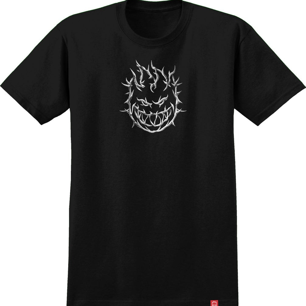 Black t-shirt with a white graphic design on a white background