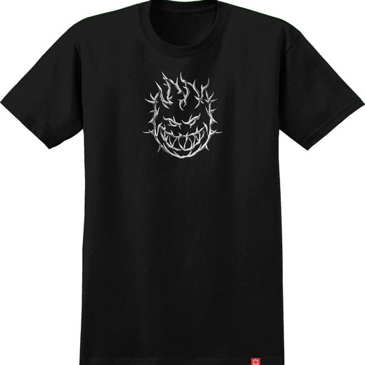 Black t-shirt with a white graphic design on a white background