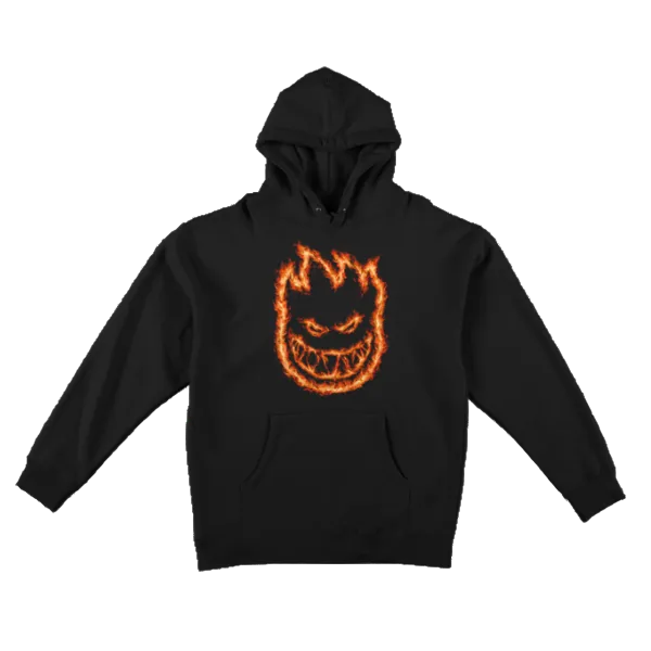 Black hoodie with a fiery logo on a white background