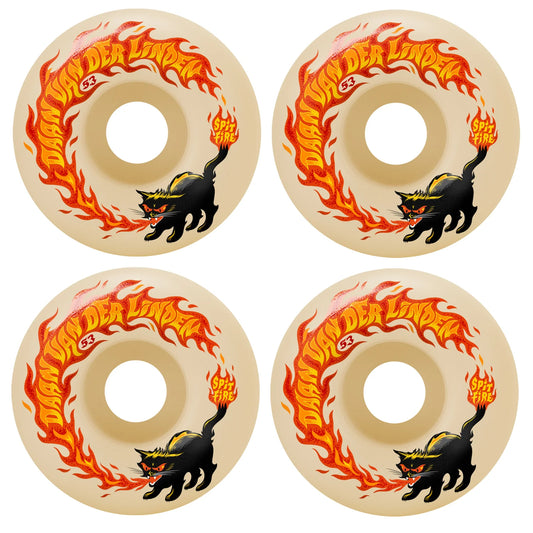 Four skate wheels with a black cat and flame design on a beige background
