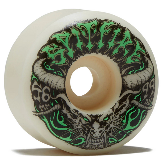 Skateboard wheel with dragon and skull design on a white background