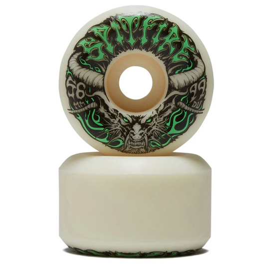 Skateboard wheel with green and black design on a white background