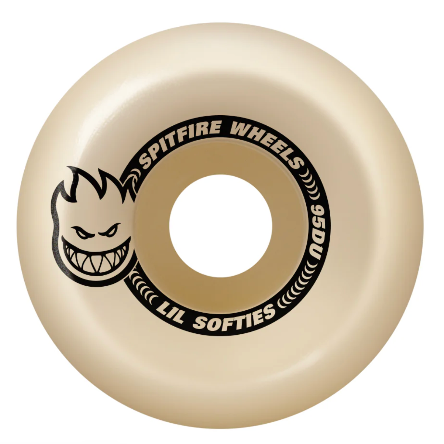 Beige Spitfire Wheels skateboard wheel with black text and logo on a white background