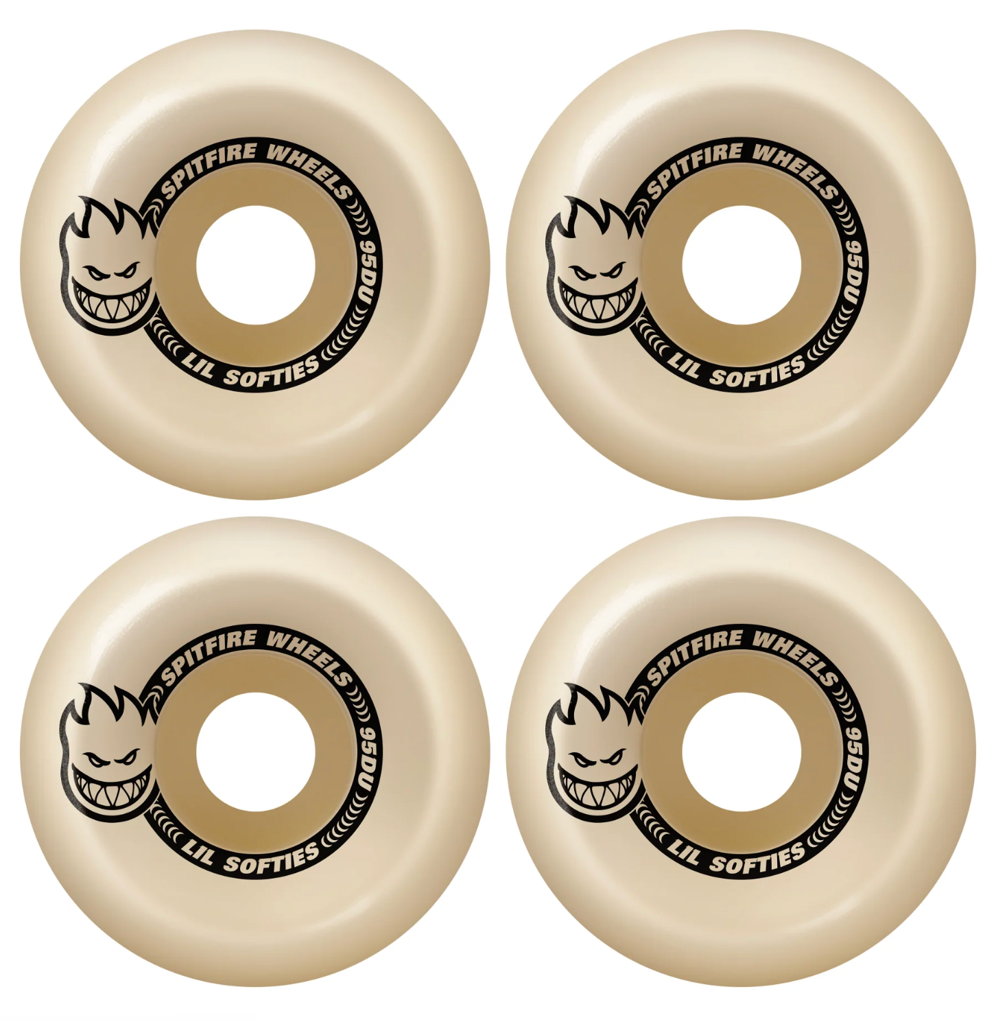 Four beige Spitfire Wheels skateboard wheels on a white background