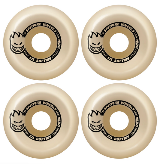 Four beige Spitfire Wheels skateboard wheels on a white background