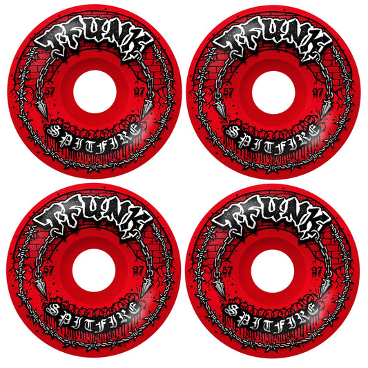 Four red Spitfire skateboard wheels with black text on a white background