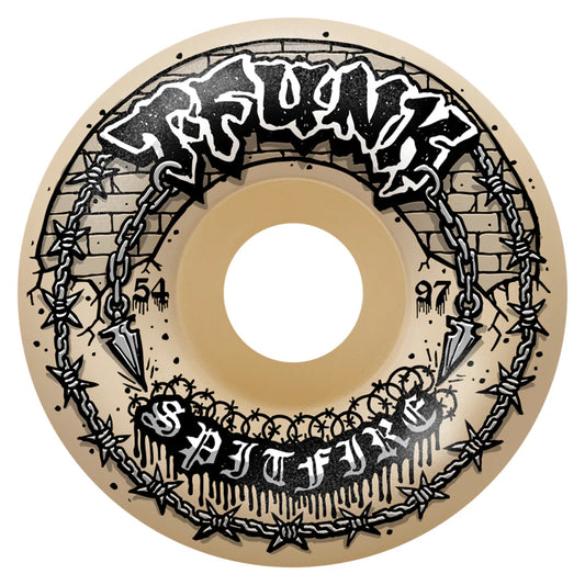Skateboard wheel with 'Spitfire' branding and design on a beige background