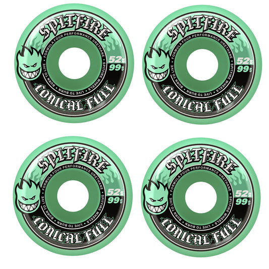 Four green and black Spitfire skateboard wheels on a white background