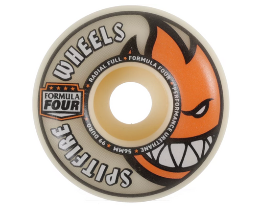 Skateboard wheel with 'Formula Four' branding and a fiery design on a white background