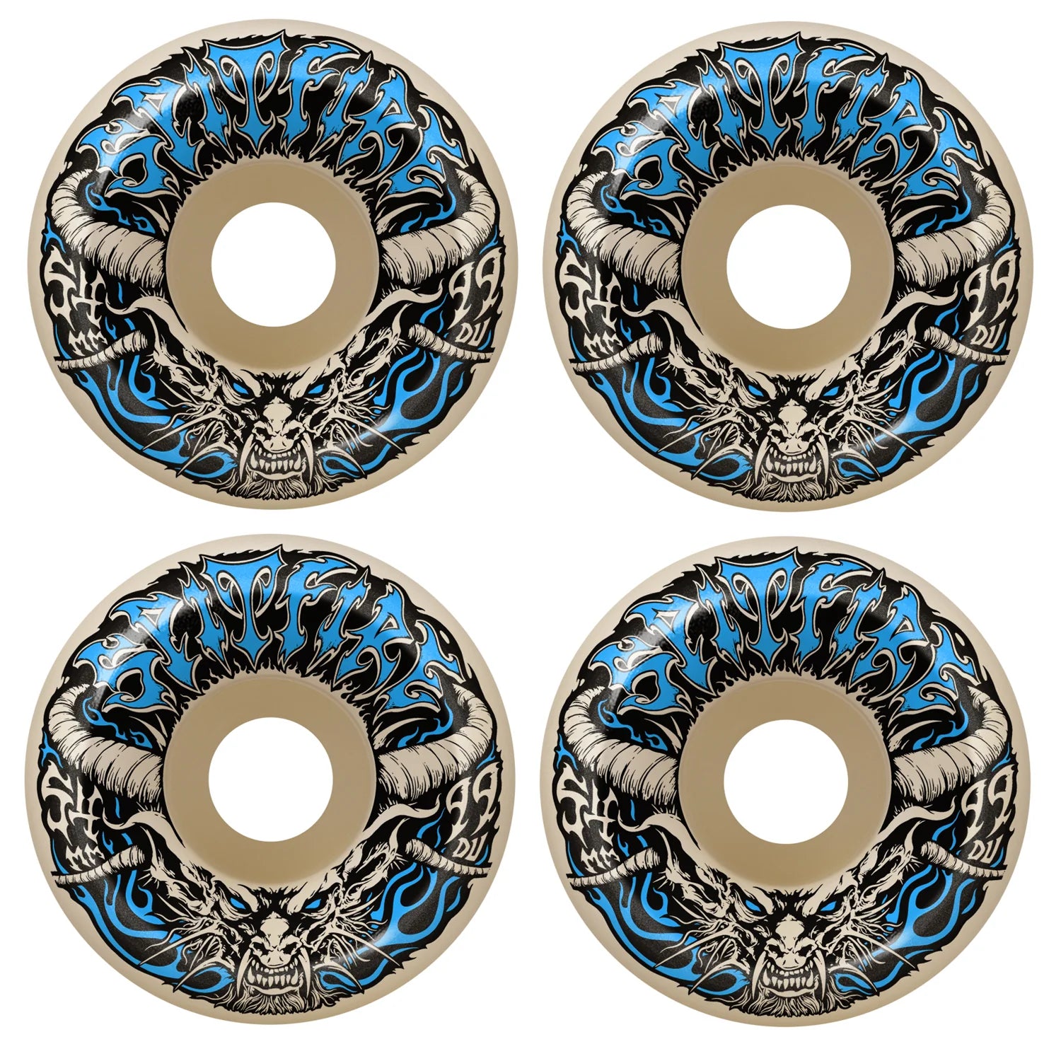 Four skateboard wheels with dragon design and blue flames on a white background