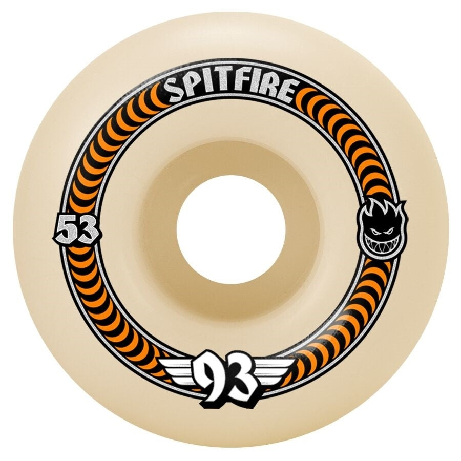 Spitfire skateboard wheel with orange and black design 