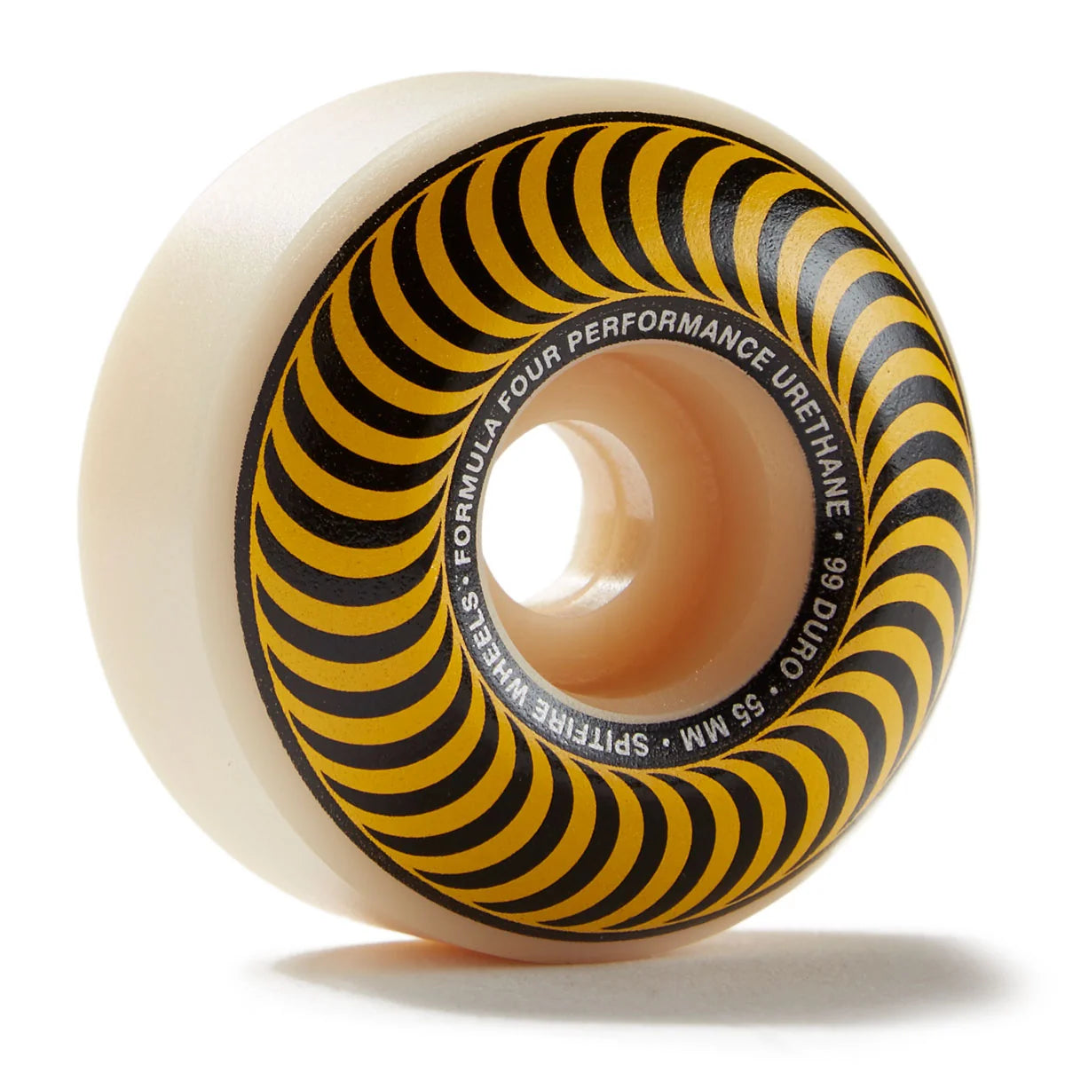Skateboard wheel with yellow and black striped design 