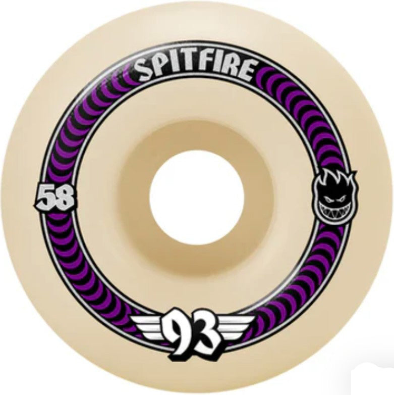 Spitfire skateboard wheel with purple and black design 