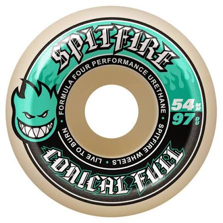A single Spitfire conical Full skateboard wheel featuring a black and teal graphic design