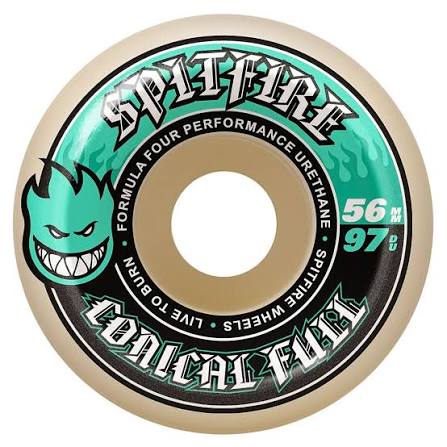 A single Spitfire skateboard wheel shown from the side against a plain white background. 