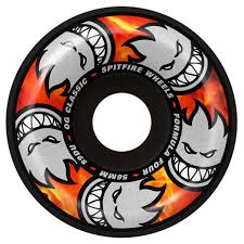 A black skateboard wheel with a flame background and spitfire heads around the wheel.