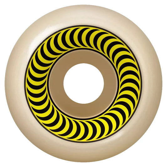 A Natural colored Skateboard wheel with a spitfire swirl in the center