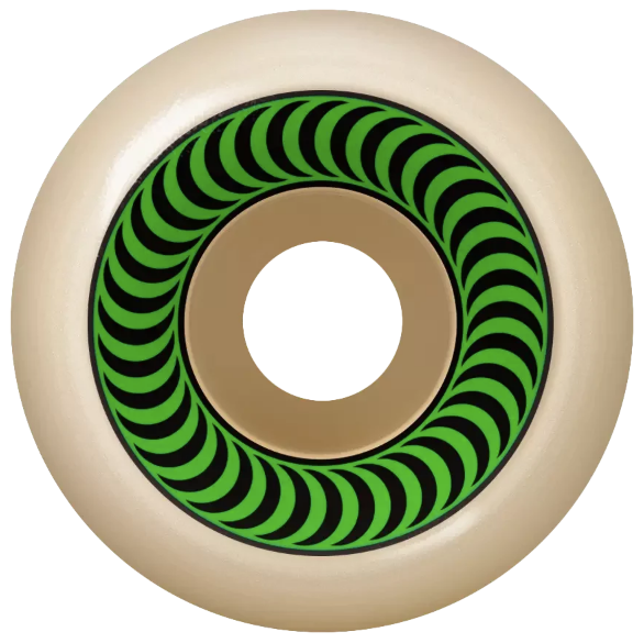 A single skateboard wheel shown from the top, featuring a cream-colored urethane outer ring, a tan center hub, and a black and green optical illusion pattern ring.