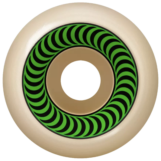 A single skateboard wheel shown from the top, featuring a cream-colored urethane outer ring, a tan center hub, and a black and green optical illusion pattern ring.
