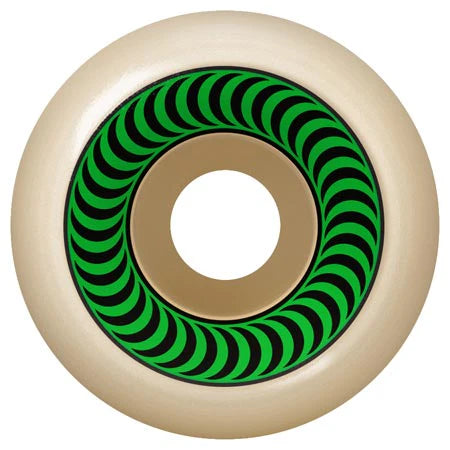 Skateboard wheel with green and black pattern on a white background