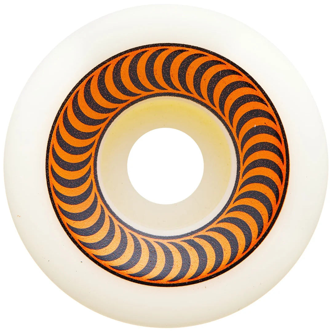 Skateboard wheel with orange and black pattern on a white background